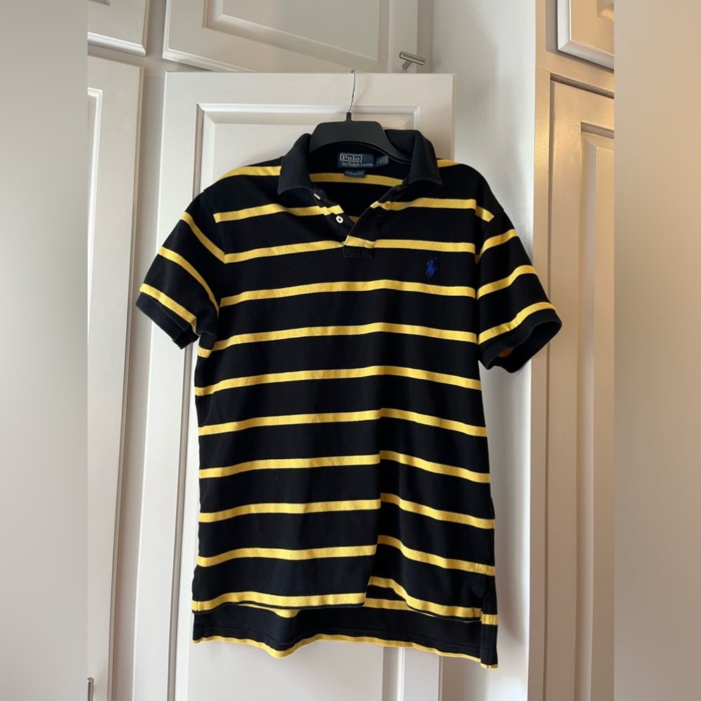 Polo by Ralph Lauren. Black with yellow horizontal stripes. Size L.